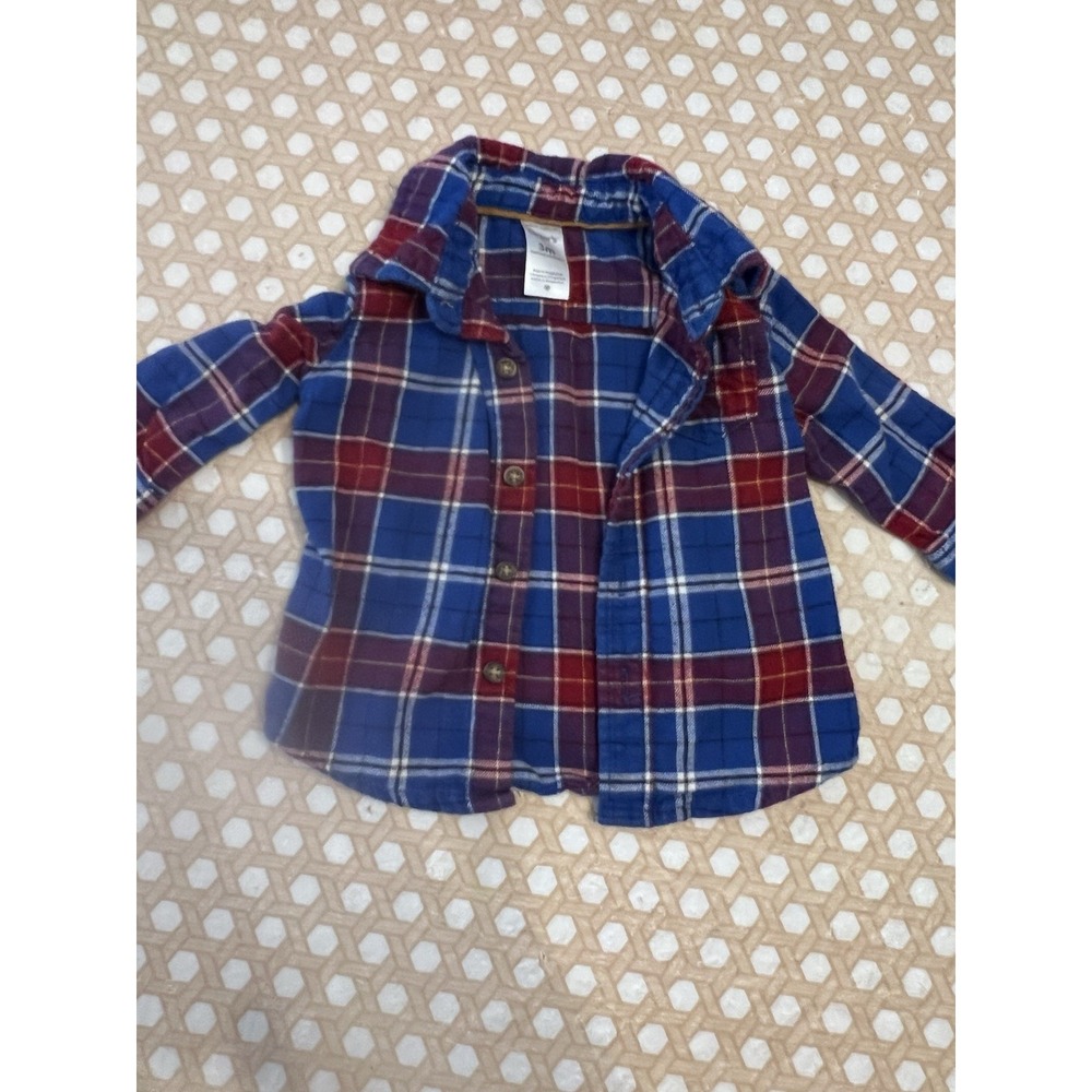 Carters Boys‎ Size 3 Months Blue Red White Plaid Button Up Long Sleeve Shirt